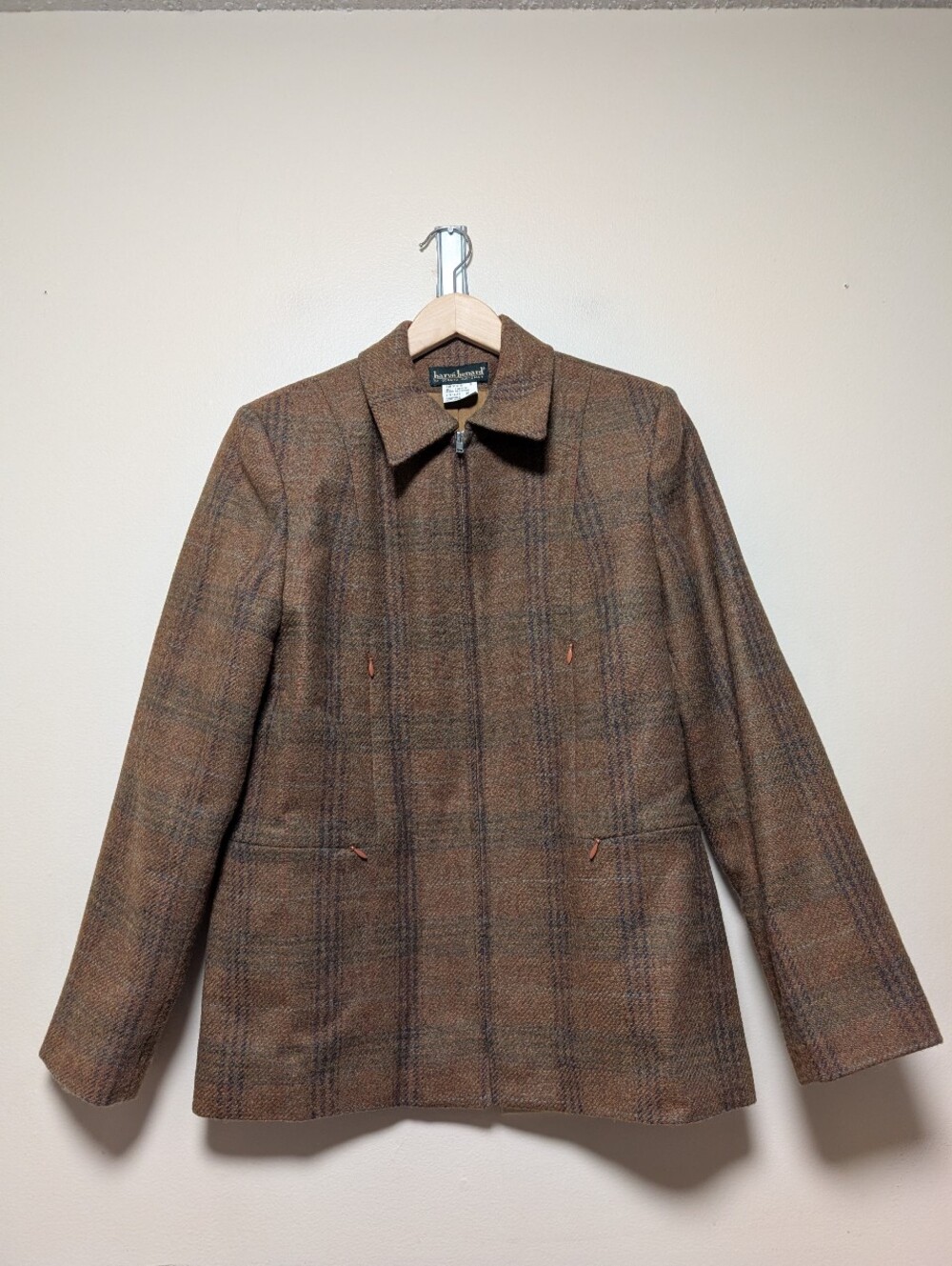 Harvé Benard 100% Wool Plaid Jacket Size 10 Brown Academia Equestrian